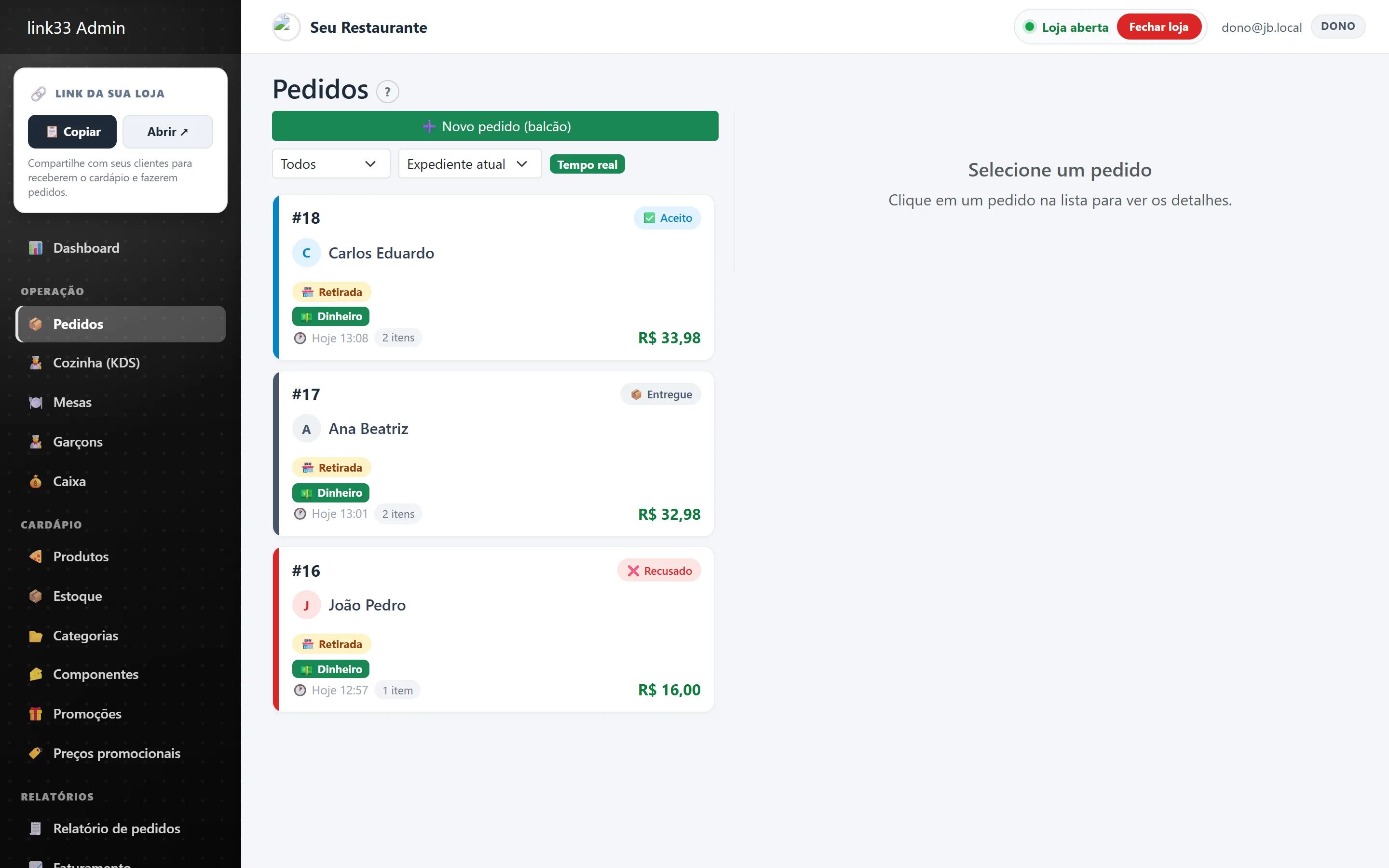 Tela de pedidos em tempo real