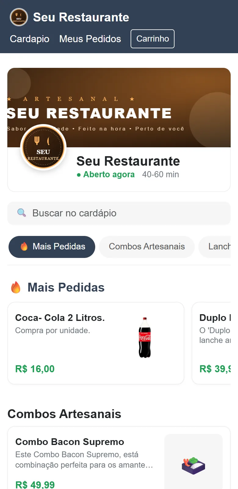 Cardápio digital de um restaurante no link33
