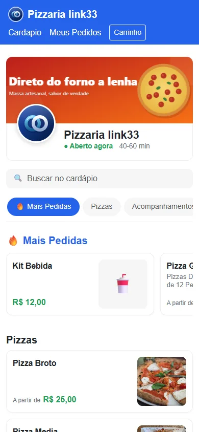 Cardápio com categorias e busca